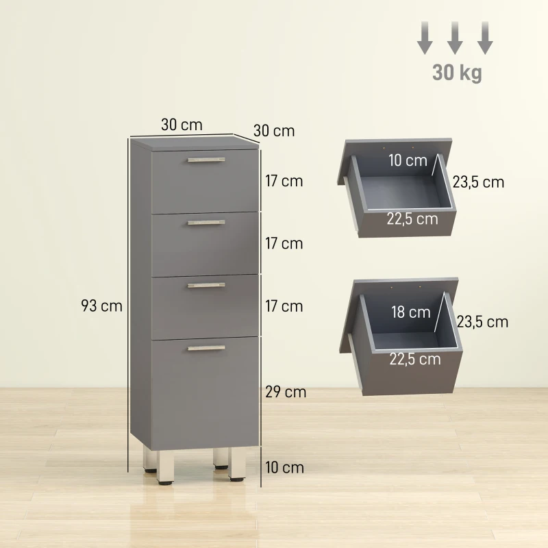 kleankin Badezimmerschrank, Badschrank, 4 Schubladen, Spanplatte, glatt, Grau