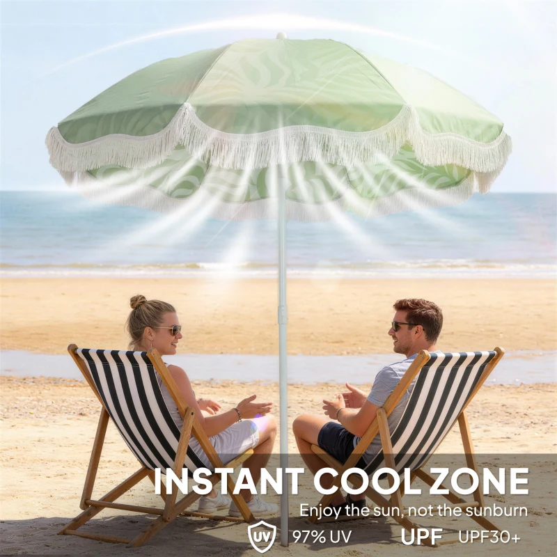 Outsunny 1.8 m Beach Umbrella Parasol with Sand Anchor, Portable Tilting Garden Parasol with Adjustable Height, Green