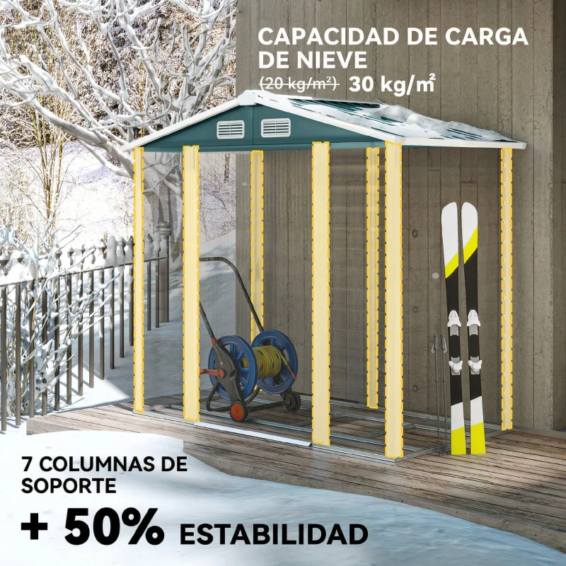 Outsunny Cobertizo Metálico para Jardín 213x120x166/194 cm con Base Refuerzo Puertas Correderas y Ventilaciones Verde Oscuro