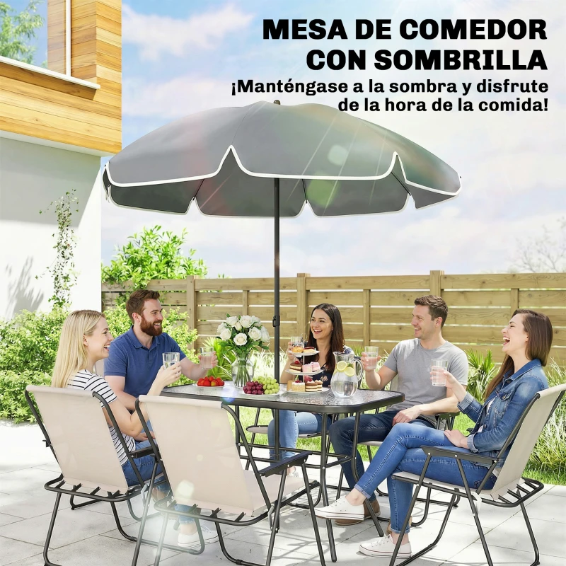 Outsunny Conjunto de Mesa y Sillas Jardín de 8 Piezas con Sombrilla 6 Sillas Plegables Mesa de Vidrio Templado Crema