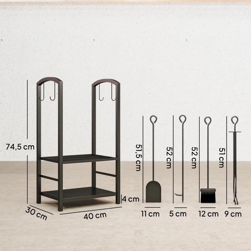 Outsunny Porte bûches - Range bûches Serviteur de cheminée - Multi Accessoires 2 étagères 40L x 30l x 75H cm métal Noir