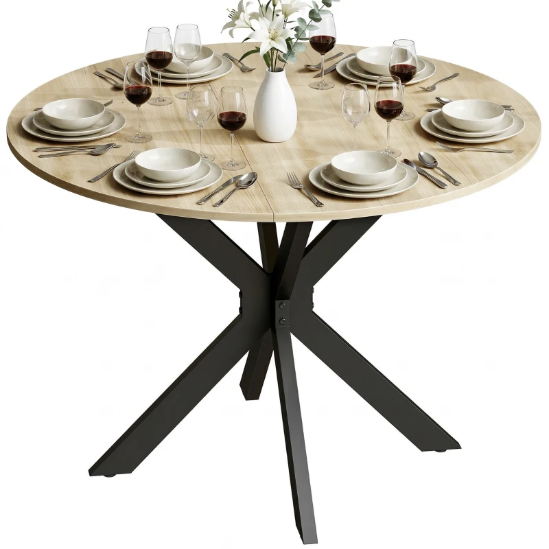 HOMCOM Mesa de Cocina Plegable Redonda para 2-6 Personas con Ala Abatible Marco de Acero Doble X Ø110x76 cm Natural