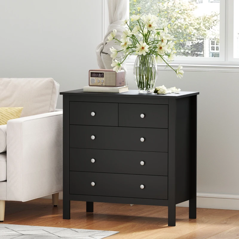 HOMCOM 5 Drawer Dresser for Bedroom, Modern Chest of Drawers, Wide Storage Unit for Living Room, Hallway, Black