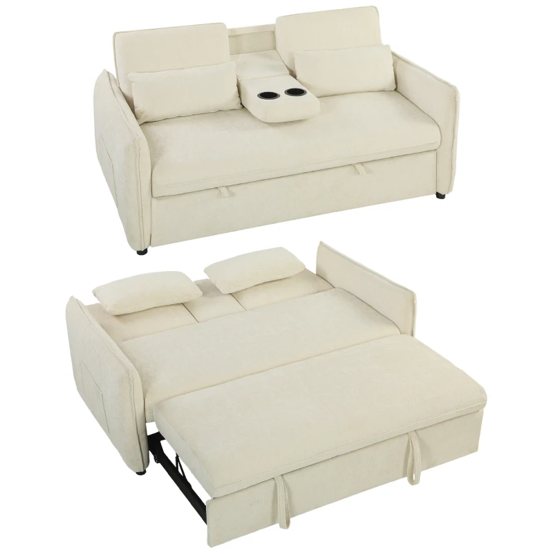 HOMCOM 2-Sitzer-Schlafsofa 3-in-1, Clic-Clac-Schlafsofa aus Chenille mit verstellbarer Rückenlehne, Becherhalter, beige