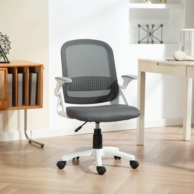 HOMCOM Atmungsaktiver Mesh-Bürostuhl, Ergonomischer Drehstuhl mit klappbaren Armlehnen und Lendenwirbelstütze, Grau