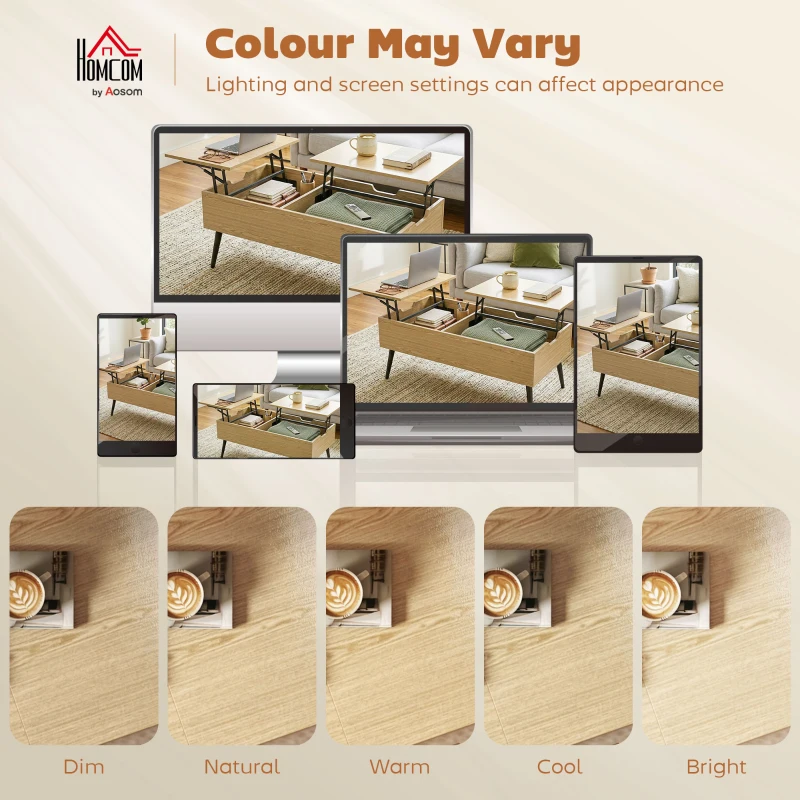 HOMCOM Hochklappbarer Couchtisch mit zwei Platten, Wohnzimmertisch mit verstecktem Fach und Metallbeinen, Naturholz