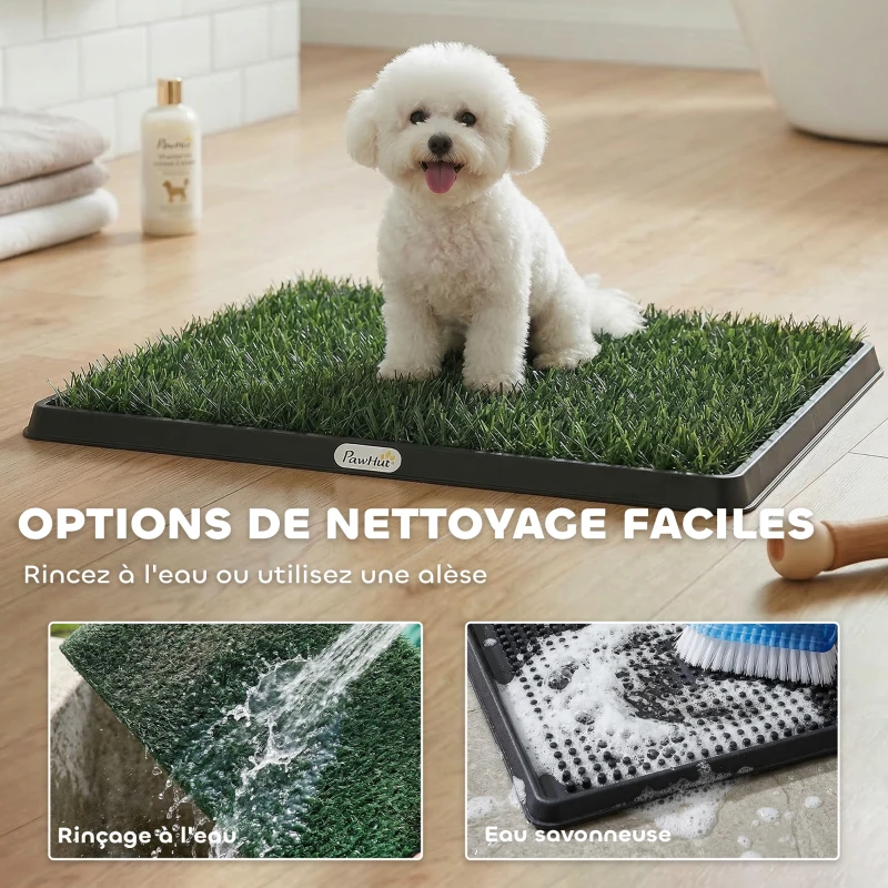 PawHut Toilette pour Chien avec 2 Tapis en Gazon Artificiel et Grille de Drainagec, Système Lavable, 63x50,5x3,5cm, Noir