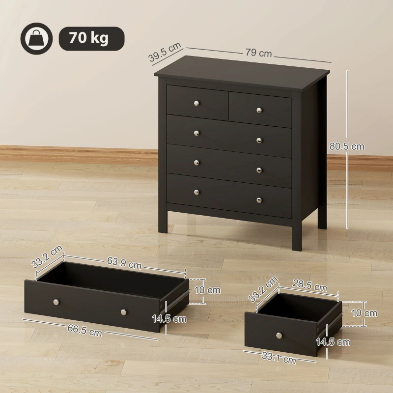 HOMCOM 5 Drawer Dresser for Bedroom, Modern Chest of Drawers, Wide Storage Unit for Living Room, Hallway, Black