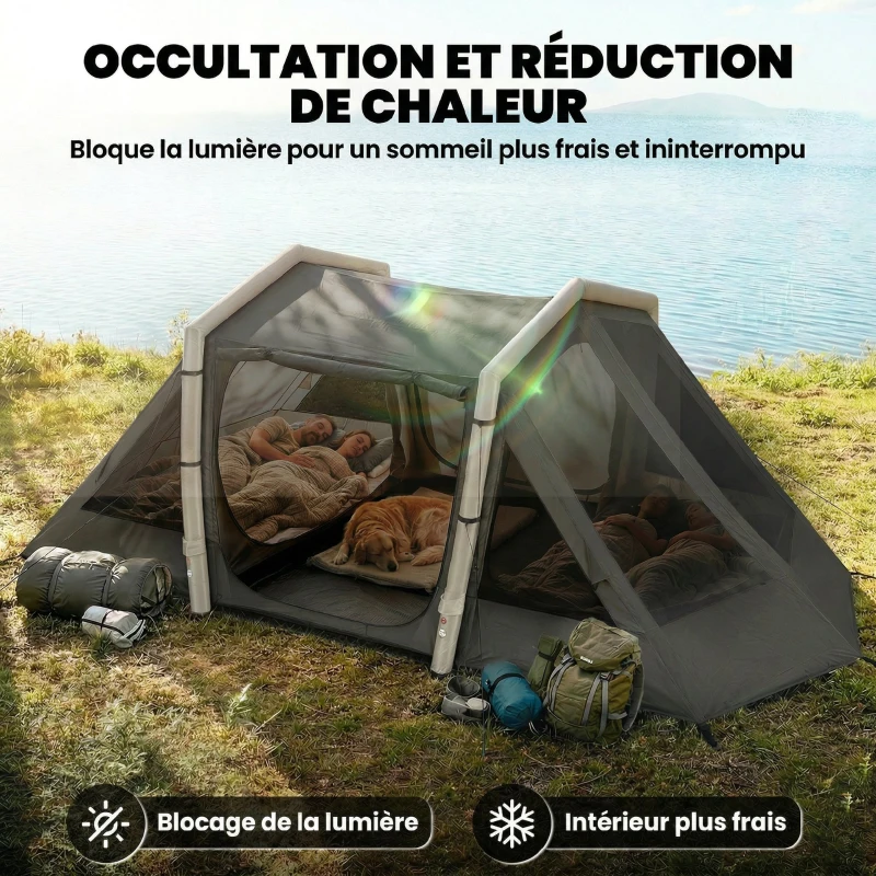 Outsunny Tente Gonflable de Camping 4 Personnes Blackout Tente à Air 5,8m de Long 2 Chambres et Séjour 580x270x202cm Gris Foncé