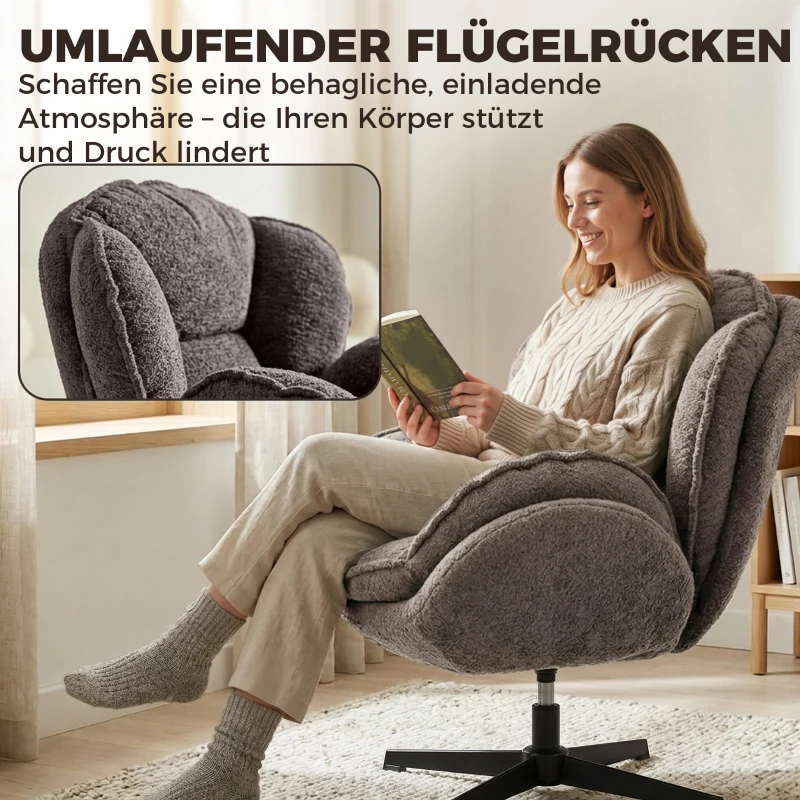 HOMCOM Moderner Wingback-Sessel, Samt-Armlehnsessel mit Vier-Sterne-Basis, S-Federn, 360° Drehfunktion, Grau