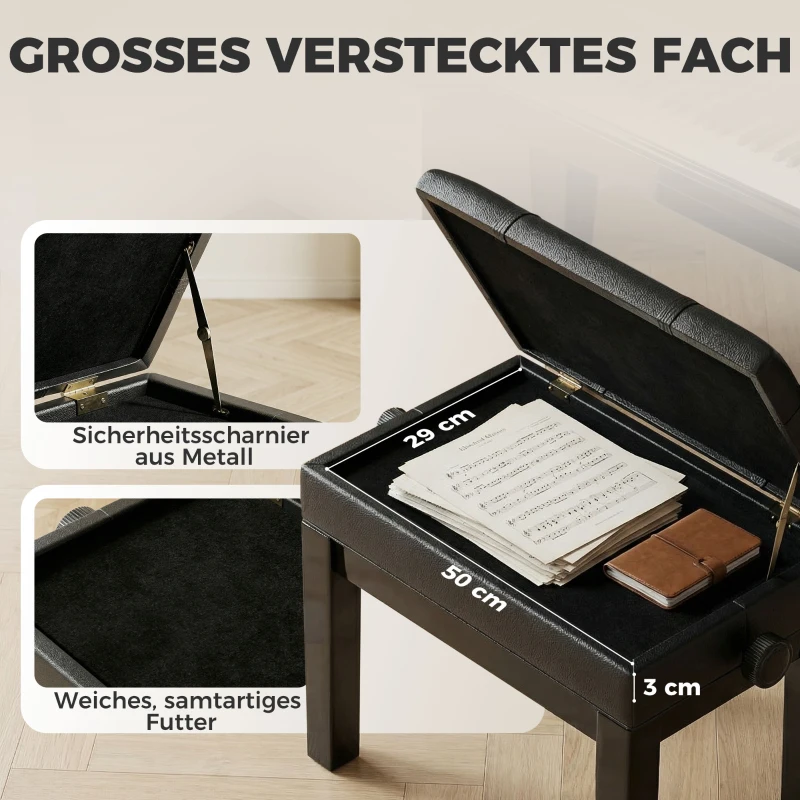HOMCOM Klavierbank mit versteckten Stauraum, Sitzhocker, höhenverstellbar, Kunstleder, Schwarz