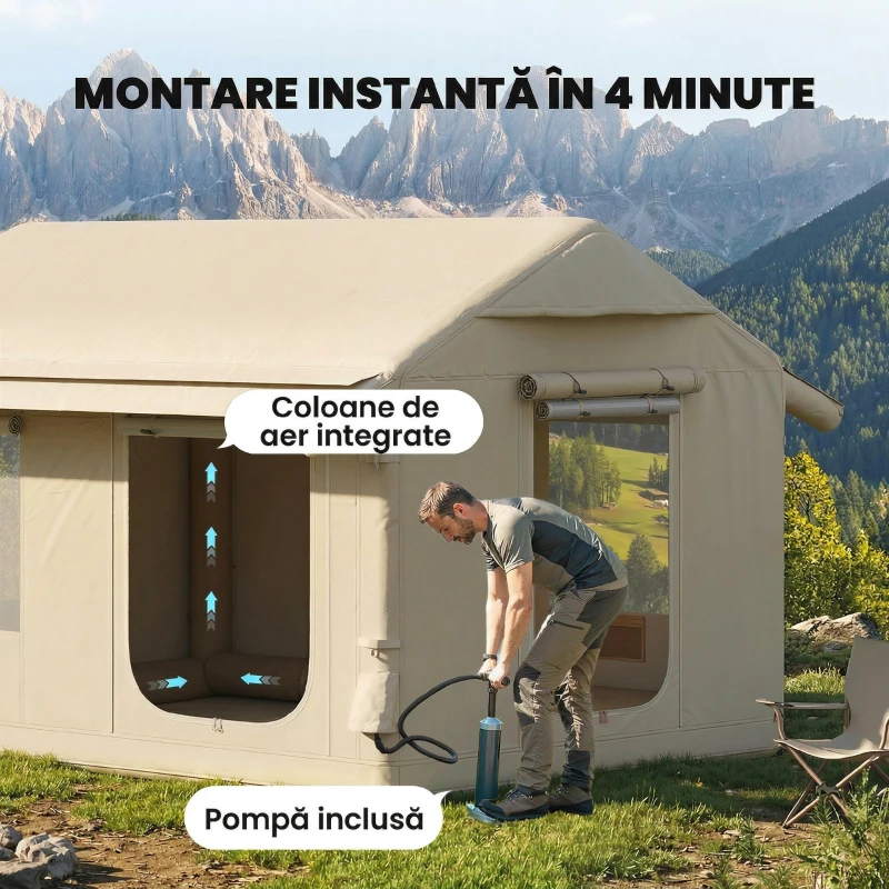 Outsunny Corturi Gonflabile Impermeabile pentru Glamping cu Orificiu pentru Sobă pentru 6-8 Persoane