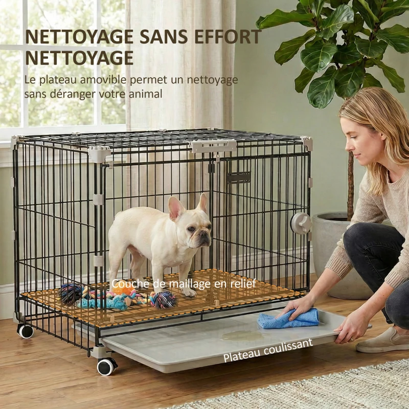 PawHut Cage pour Chien Pliable, Plateau Amovible, Roues avec Freins, Toit Ouvrant, Porte de Nourrissage, 60,5x45,5x54,5cm, Noir