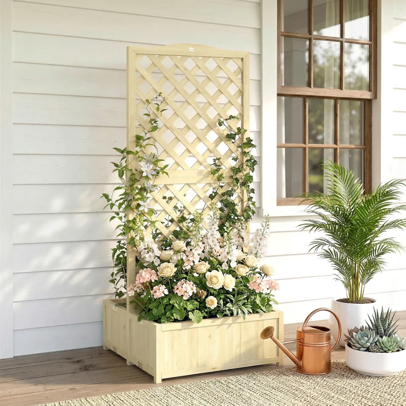 Outsunny Jardinera con Enrejado Cuadrado Huerto de Madera Plegable Doble Macetero para Plantas Trepadoras 73 x 70 x 170 cm Natural