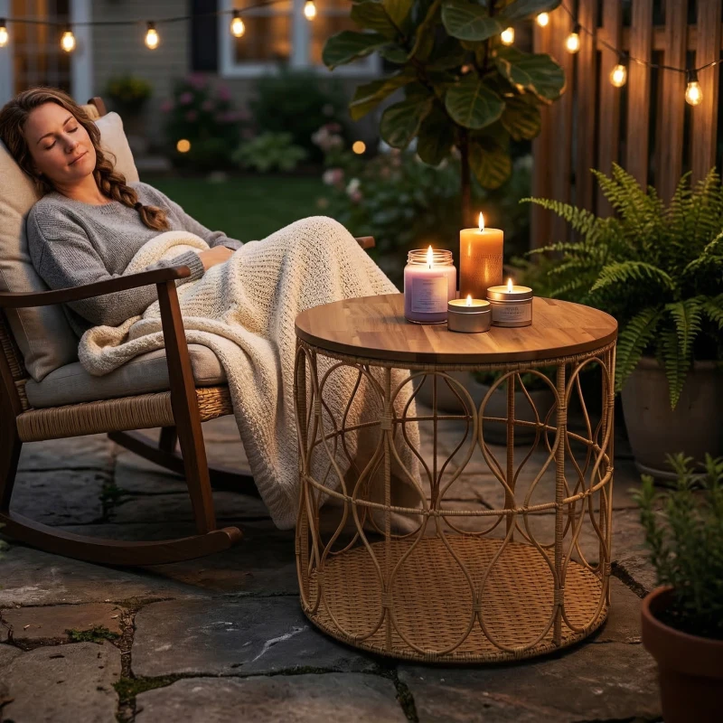 Outsunny Beistelltisch Ø50 cm wetterfest Gartentisch mit Rattanoptik Akazienholzplatte verstellbaren Füßen Teak