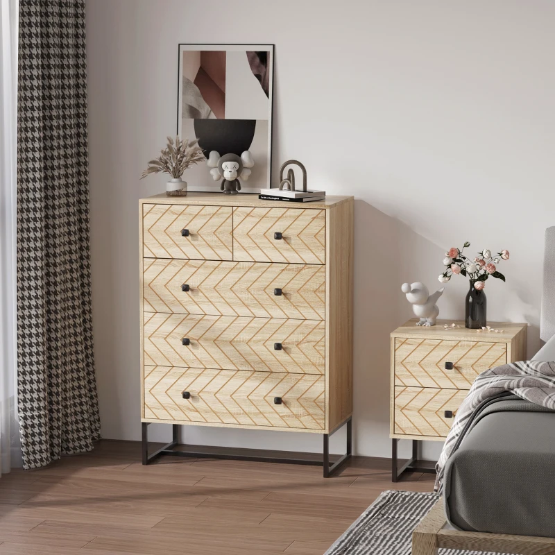 HOMCOM Meuble de rangement commode style graphique 80L x 40l x 110H cm 5 tiroirs métal noir panneaux particules MDF imitation bois clair