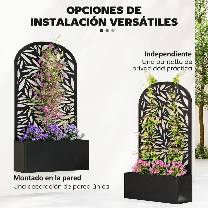 Outsunny Jardinera con Pantalla de Privacidad Curva de Hojas de Metal y Opción de Montaje en Pared 61x23x113 cm Negro