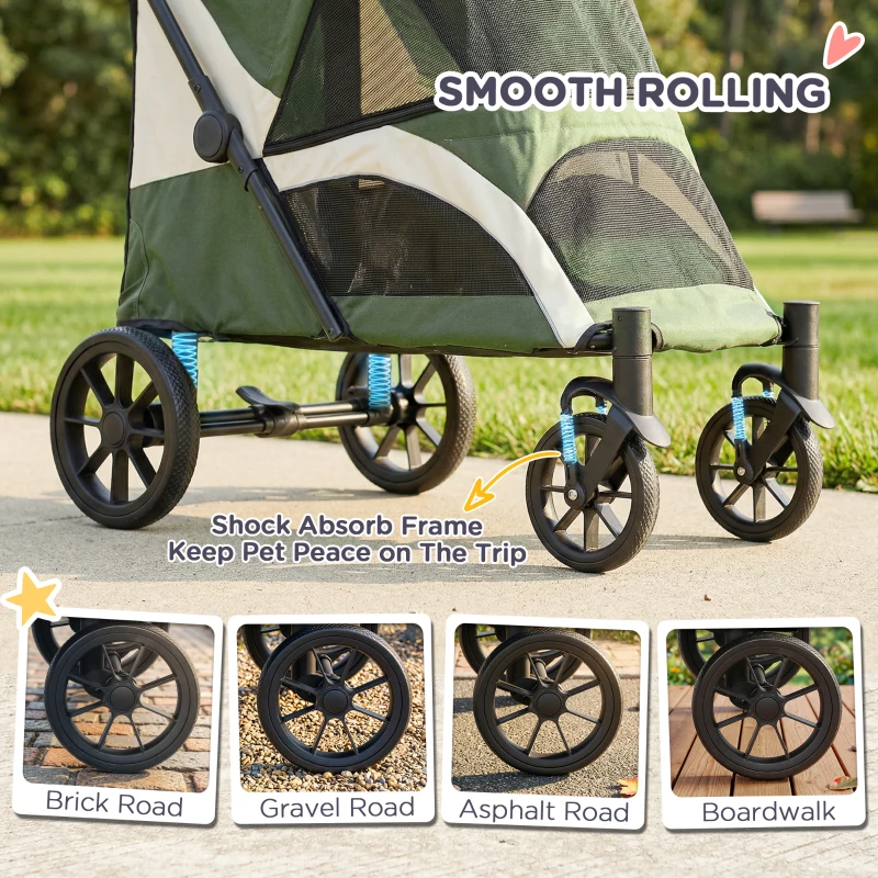 PawHut Foldable Pet Stroller for Large Dogs with Four Big Wheels, Shock-Absorbing Frame, Safety Leashes, Brakes, Dark Green