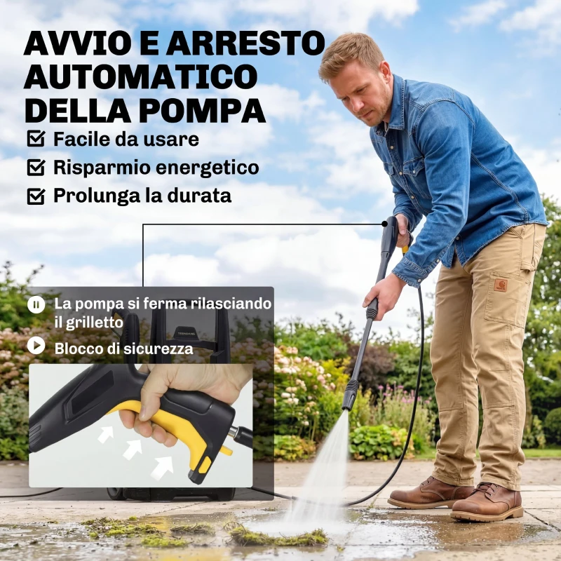 Outsunny Idropulitrice Elettrica 1600W Portatile con Ugello Regolabile e Ruote, Giallo