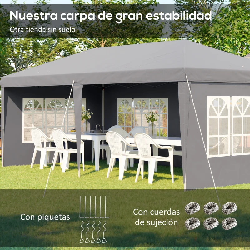 Outsunny Carpa Plegable 6x3 m Pop-up con 4 Laterales Desmontables Cenador de Jardín con 4 Ventanas y Bolsa de Transporte Gris