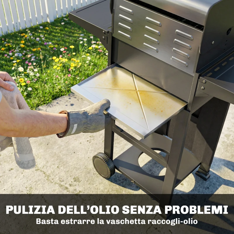 Outsunny Barbecue a Gas Propano con 2 Bruciatori, Portatile, Termometro, Nero