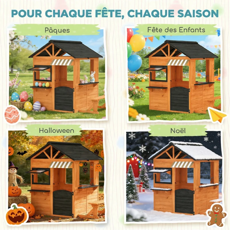 AIYAPLAY Cabane enfant extérieur en bois, maison enfant extérieur/intérieur avec cuisine de jeu, fenêtres, porte et banc, marron