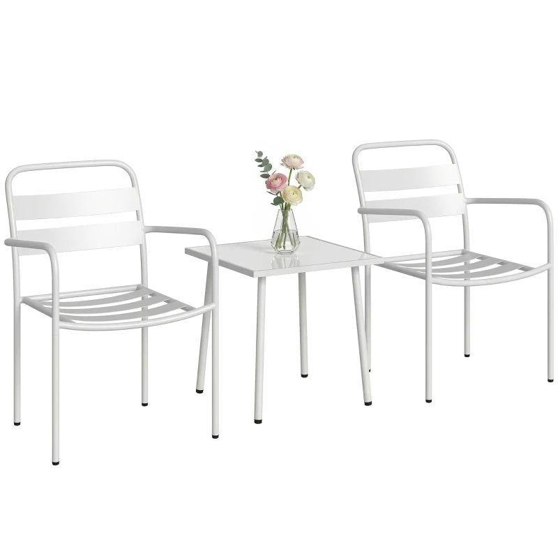 Outsunny Bistroset 3 teiliges Metall Gartenmöbel-Set mit 2 Gartenstühlen, Glastisch, Lamellen-Design, Rostbeständig