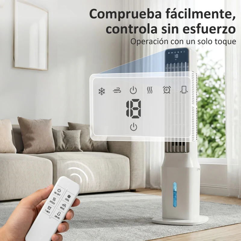 HOMCOM Climatizador Evaporativo de Torre 3 en 1 con Depósito de 9 L Oscilación 48° 3 Velocidades 3 Modos Temporizador Blanco