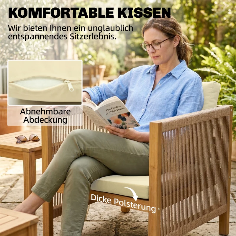 Outsunny Gartenmöbel Set Holz Sitzgruppe für 4 Personen mit 2er Sofa 2 Sessel Tisch Seilflecht Lamellendesign waschbar Kissen