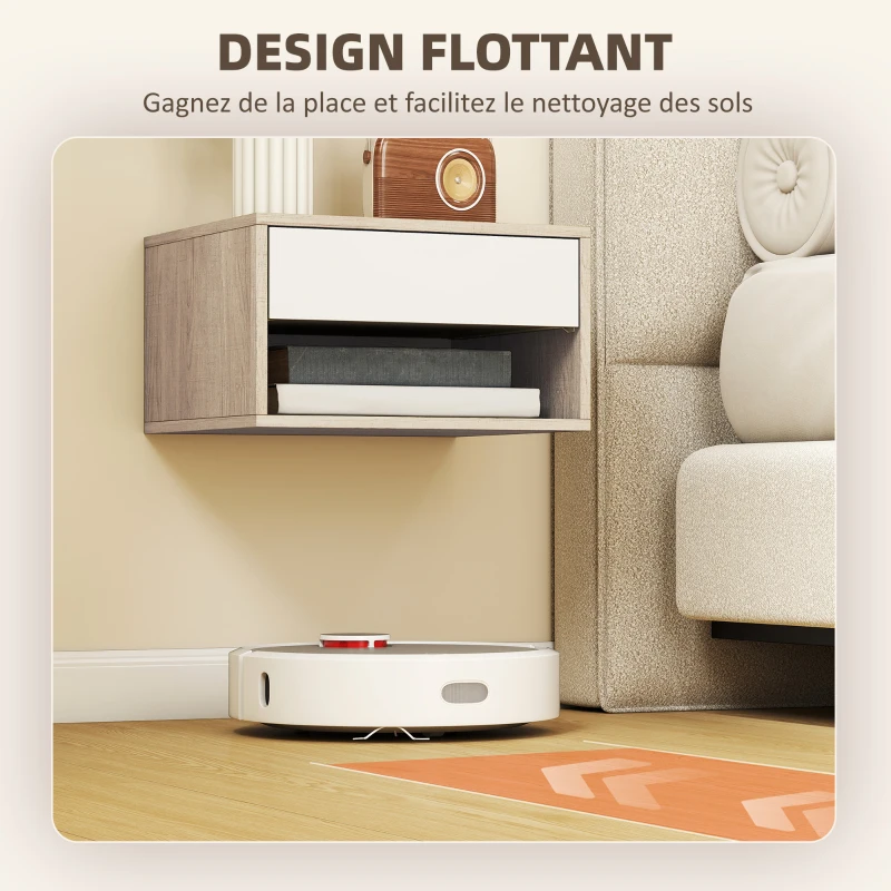 HOMCOM Lot de 2 tables de chevet murales, tables de nuit, tiroir, compartiment ouvert, plateau, 37 x 32 x 21 cm, bois naturel