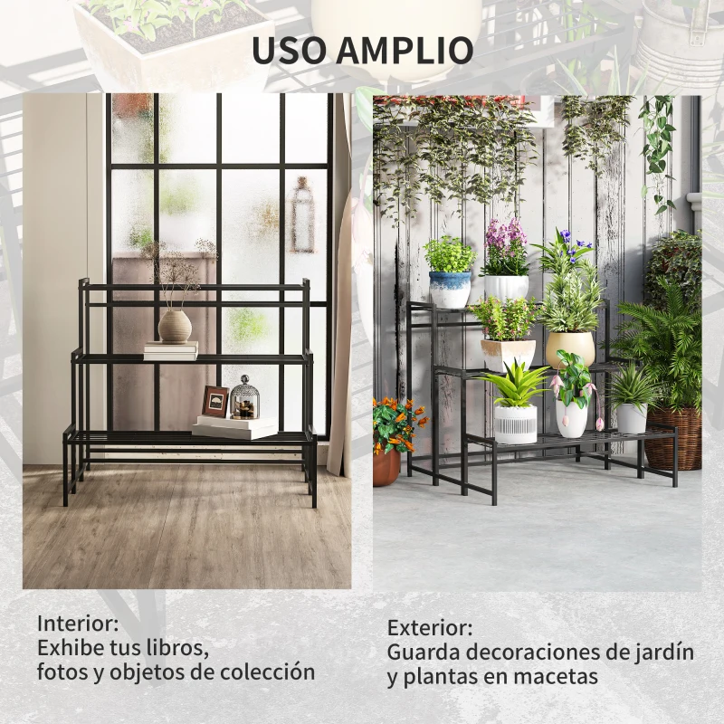 Outsunny Soporte para Plantas de Tres Niveles con Diseño en Escalera y Estructura Metálica Resistente para Interior y Exterior