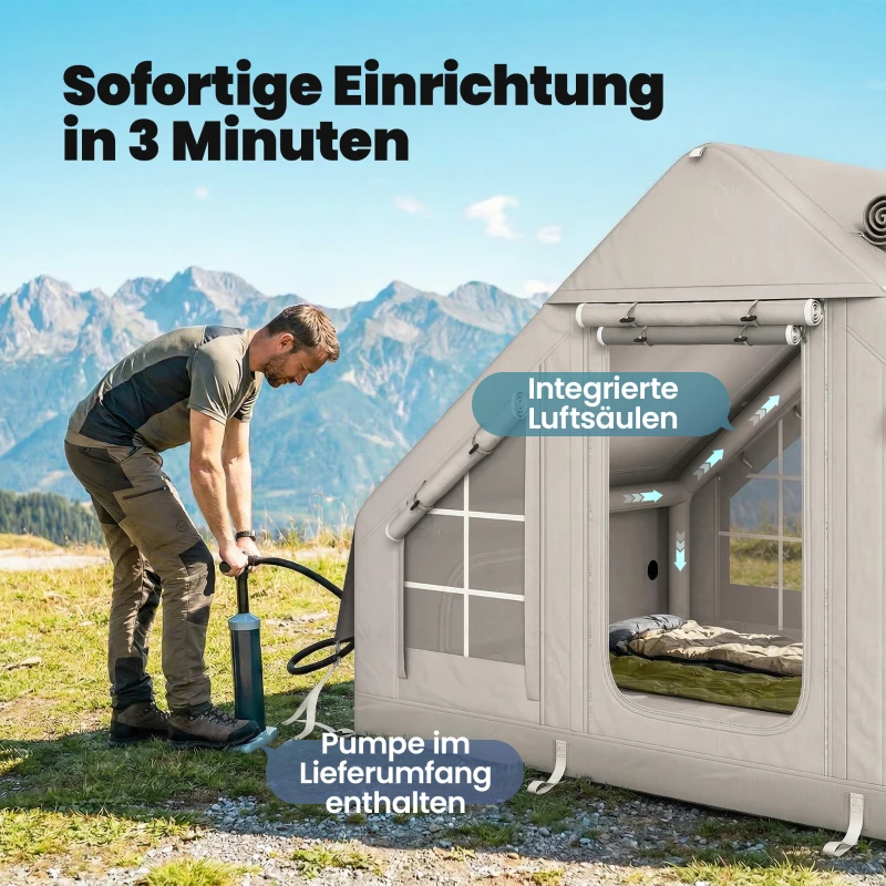 Outsunny Aufblasbares Zelt 5-8 Personen Schneller Aufbau 5000 mm Wasserdicht & Winddicht mit Luftpumpe Kaminöffnung Dachfenster