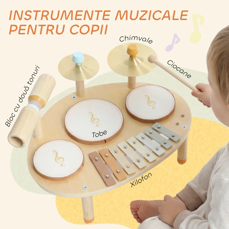 AIYAPLAY Set de Instrumente Muzicale pentru Copii de la 2+ Ani cu Tobe și Xilofon, Culoare Naturală