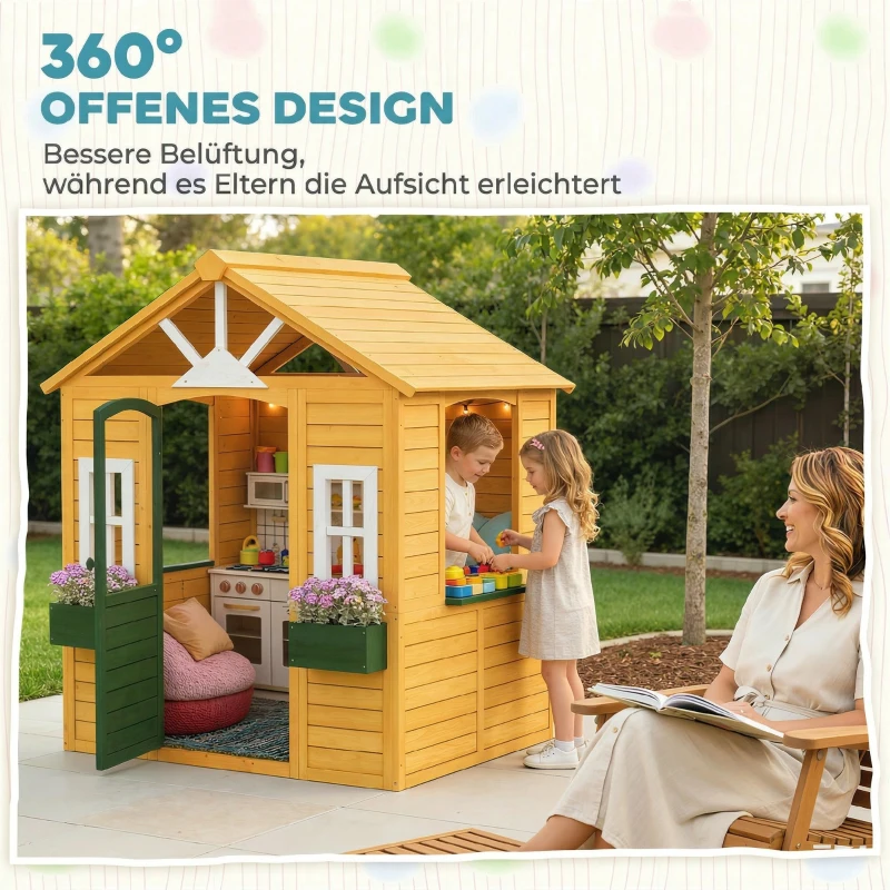 AIYAPLAY Kinderspielhaus Holz Spielhaus Outdoor mit Tür 3 Fenster 2 Blumenkästen für 3-8 Jahre Kinder 134,5 x 97 x 150 cm Braun