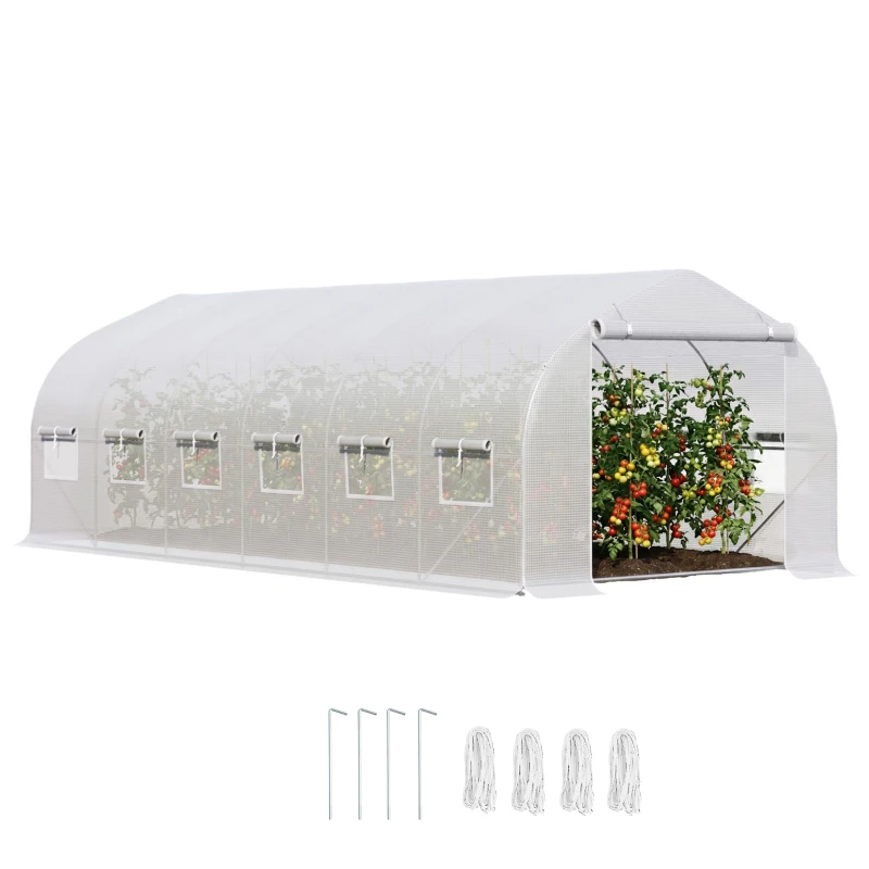 Outsunny Invernadero de Túnel 6x3x2 m Invernadero de Jardín con Puerta y 12 Ventanas Enrollables de Polietileno 140g/㎡ y Acero Galvanizado Huerto para Cultivos Plantas Flores Blanco