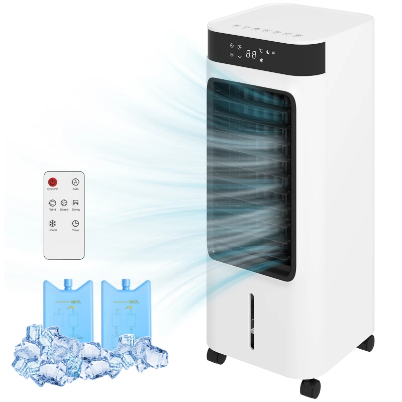 HOMCOM Climatizzatore Evaporativo 3 in 1 con Serbatoio da 7L, Oscillazione 48°, 3 Velocità, 3 Modalità, Timer 24h, Bianco