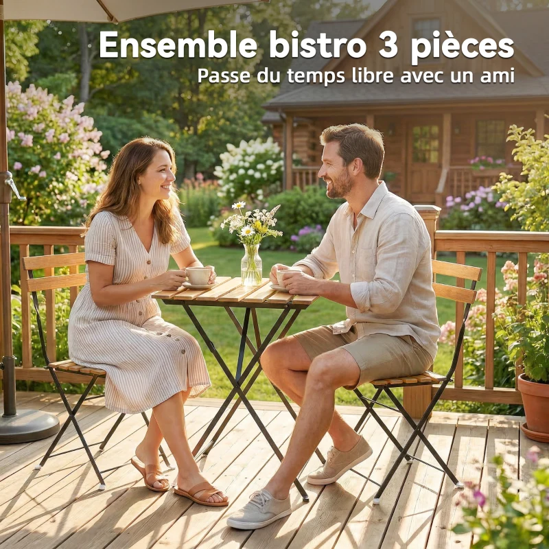 Outsunny Ensemble de Salon de Jardin Bistrot 3 Pièces, 2 Chaises Pliantes, Table Carrée en Bois d'Acacia, 55x55x71cm, Naturel
