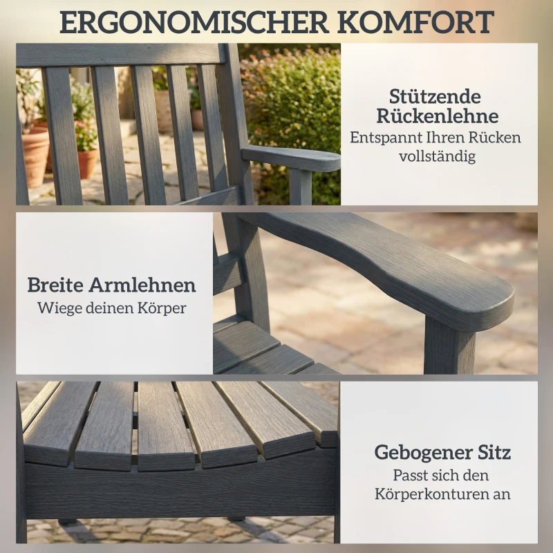 Outsunny Gartenbank 2-Sitzer wetterfest Kunststoff Outdoor Sitzbank mit Lamelldesign Holzoptik Rückenlehne Grau