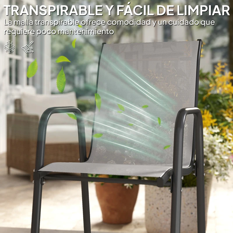 Outsunny Juego de 6 Sillas de Jardín Exterior Apilables con Reposabrazos Asiento y Respaldo de Malla Estructura de Metal Gris