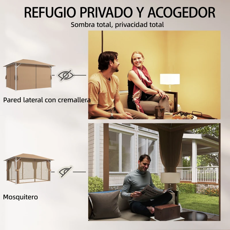 Outsunny Carpa para Jardín 3x4 m con Techo Ventilado 4 Paredes y 4 Mosquiteras UPF50+ para Exterior Terraza Caqui