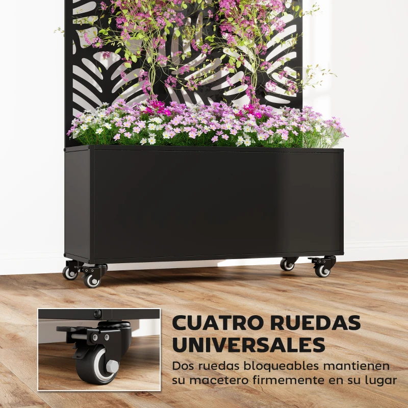 Outsunny Jardinera Exterior Grande con Ruedas Pantalla de Privacidad de Hojas de Monstera Marco Metal 90x30x160 cm Negro