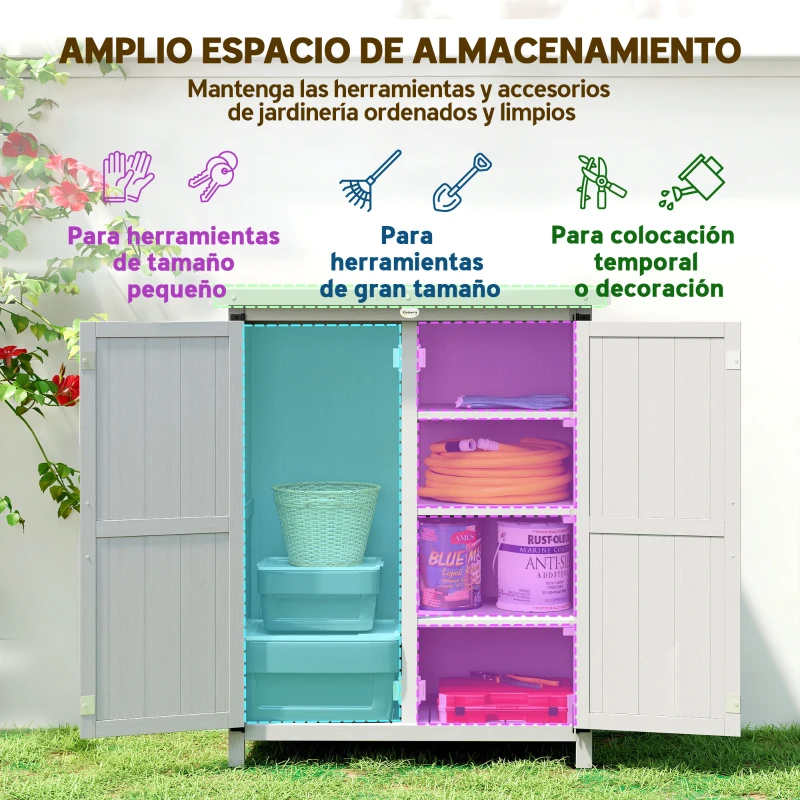 Outsunny Caseta de Jardín de Madera 75x40x90 cm Armario para Almacenaje de Herramientas con 4 Estantes 2 Puertas Gris
