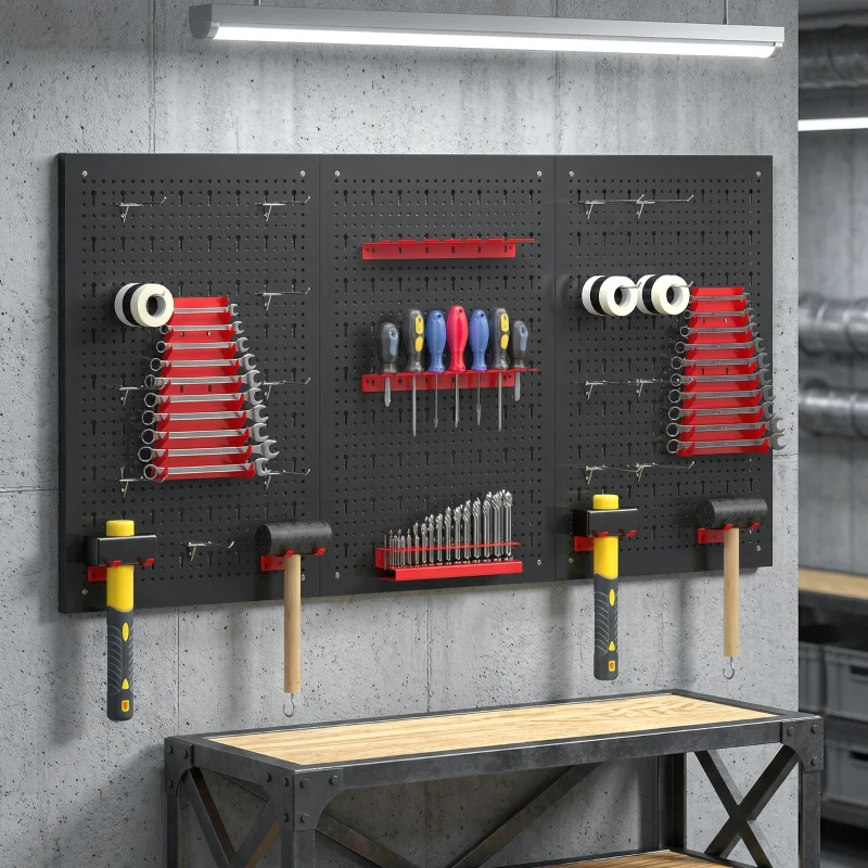 HOMCOM 3 Paneles de Herramientas de Pared 28 Piezas cada panel 60x40 cm con Ganchos y Estantes Negro y Rojo