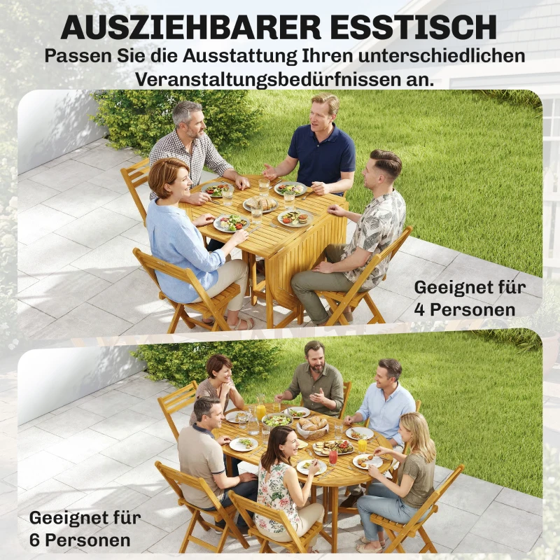 Outsunny Gartenmöbel Set FSC Holz Sitzgruppe 7-teilig Klappbar Tisch mit 6 Klappstühlen Schirmloch Lamellendesign