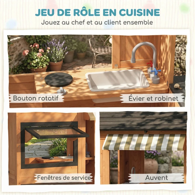 AIYAPLAY Cabane enfant extérieur en bois, maison enfant extérieur/intérieur avec cuisine de jeu, fenêtres, porte et banc, marron