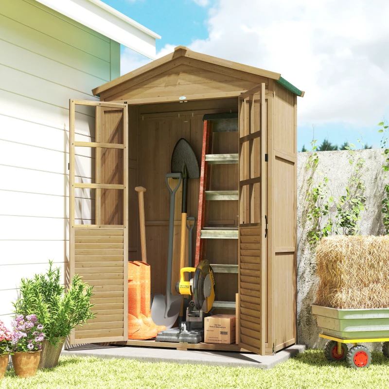 Outsunny Armadio da Giardino in Legno con Finestre Trasparenti, 128x57.5x197 cm, Marrone Chiaro