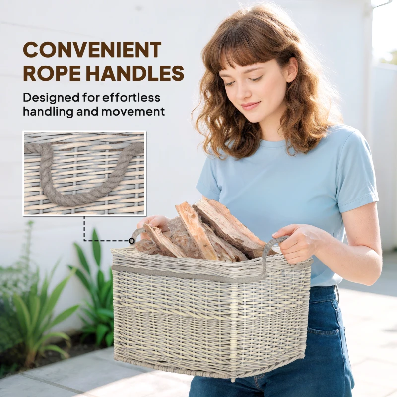 Outsunny Set of 3 Log Baskets for Wood Burner Indoor, Storage Basket with Lining and Rope Handles, Wicker Basket for Fireside Storage, Blankets, Beige