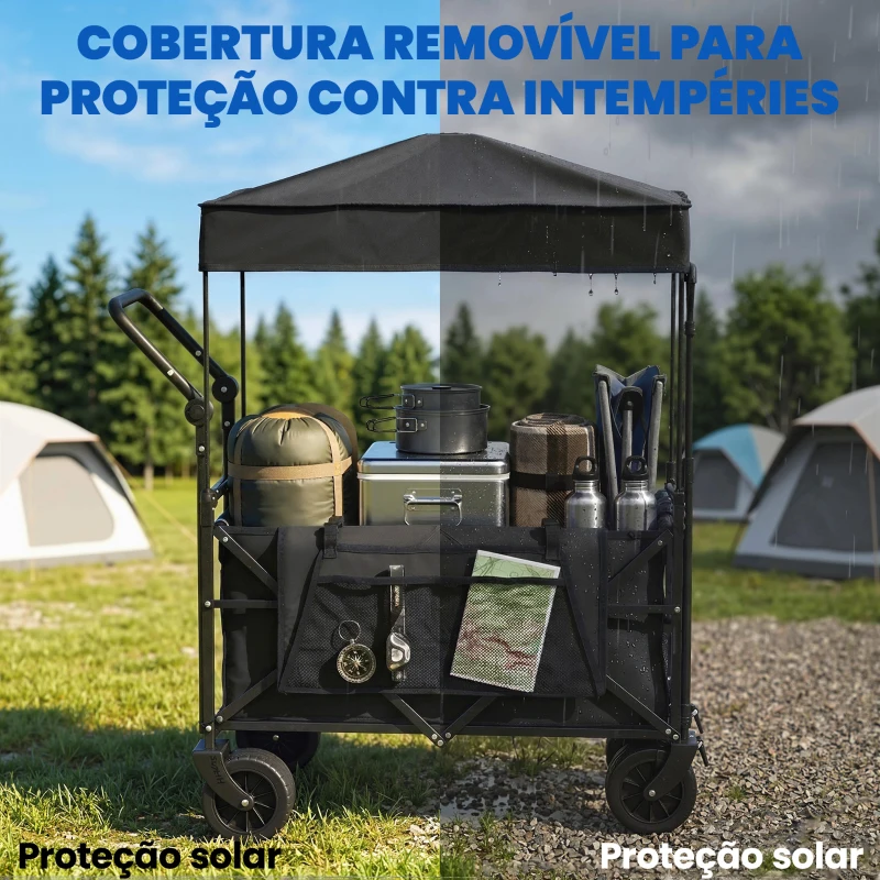Outsunny Carrinho de Transporte com Rodas Grandes Travão Teto Amovível Carro Dobrável para Jardim com Barra Ajustável 125x59x133 cm Preto