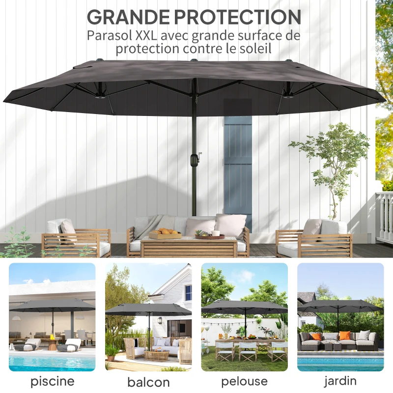 Outsunny Parasol de jardin exterieur parasol double 4,6L x 2,7l x 2,4H m ouverture fermeture manivelle acier polyester haute densité gris