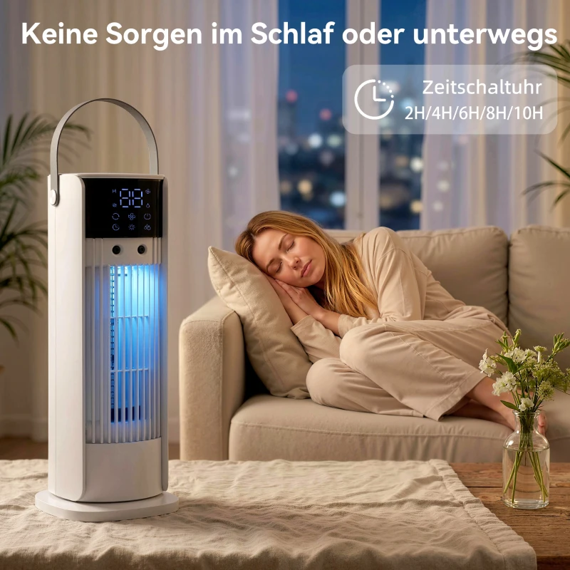 HOMCOM Turmventilator für das Schlafzimmer, 40 cm Tischventilator mit Nebelfunktion, RGB-Licht, 3 Geschwindigkeiten, 90° Oszillation, 10-Stunden-Timer, für Zuhause und Büro